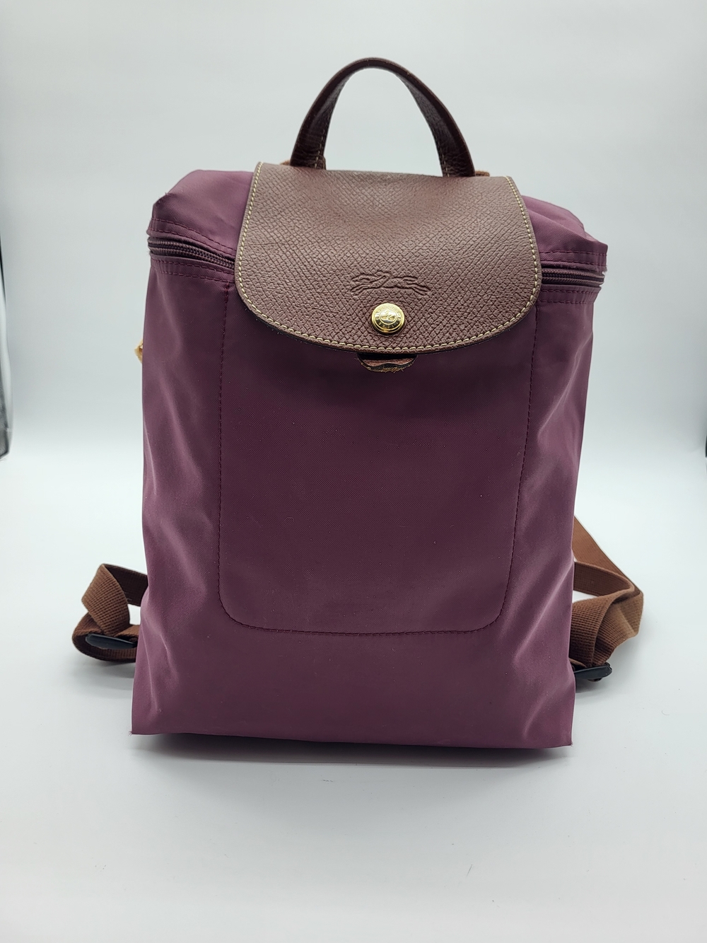 Longchamp Le Pliage Small Backpack in Plum with Brown Flap